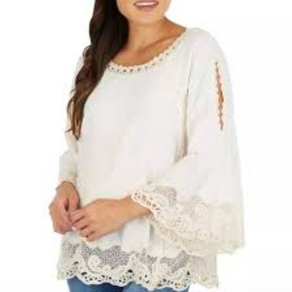 SPIAGGIA Dolce Luxury Embroidered 3/4 Bell Sleeve Wide Neck Crochet Trim Top - Picture 1 of 11